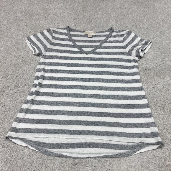 Michael Kors T-Shirt Women’s Gray White Striped Short Sleeve Small Linen Blend - Picture 1 of 11